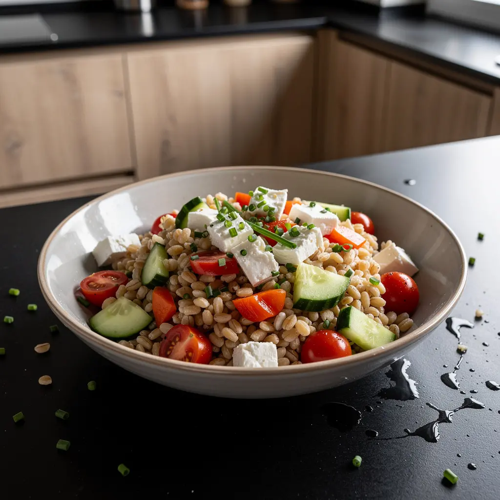 Ensalada alemana de cebada perlada con pepino y queso feta