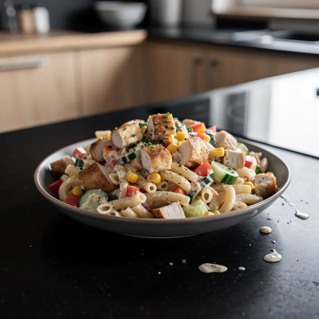 Niemiecka sałatka z makaronem i kurczakiem
