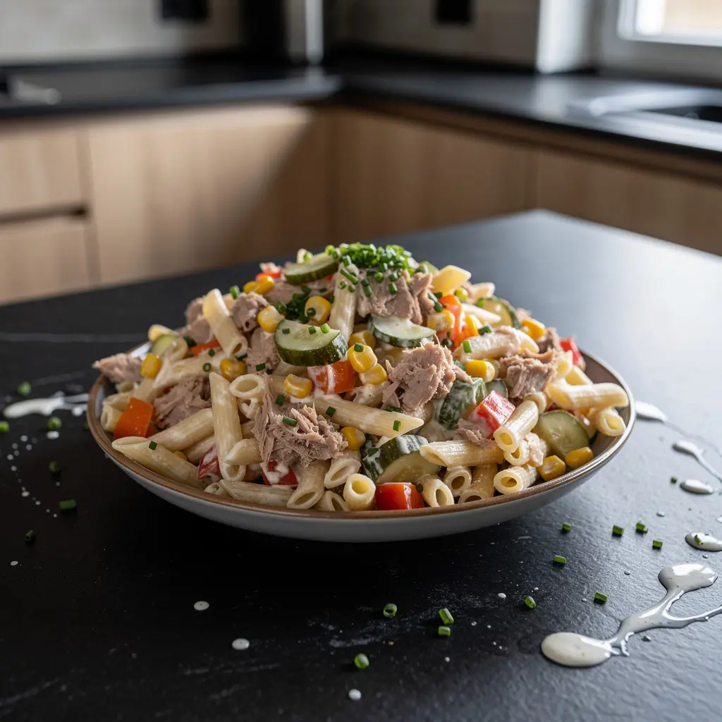Salade de pâtes allemande au thon (Nudelsalat mit Thunfisch)