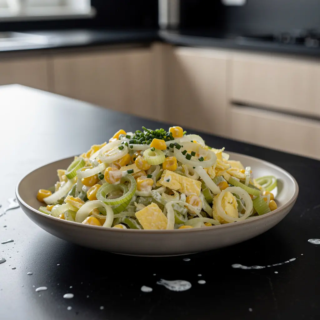 Salade allemande de poireau, maïs et fromage Lauch-Käse-Salat
