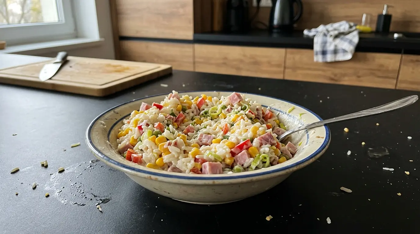 Niemiecka sałatka z ryżem, kukurydzą i szynką