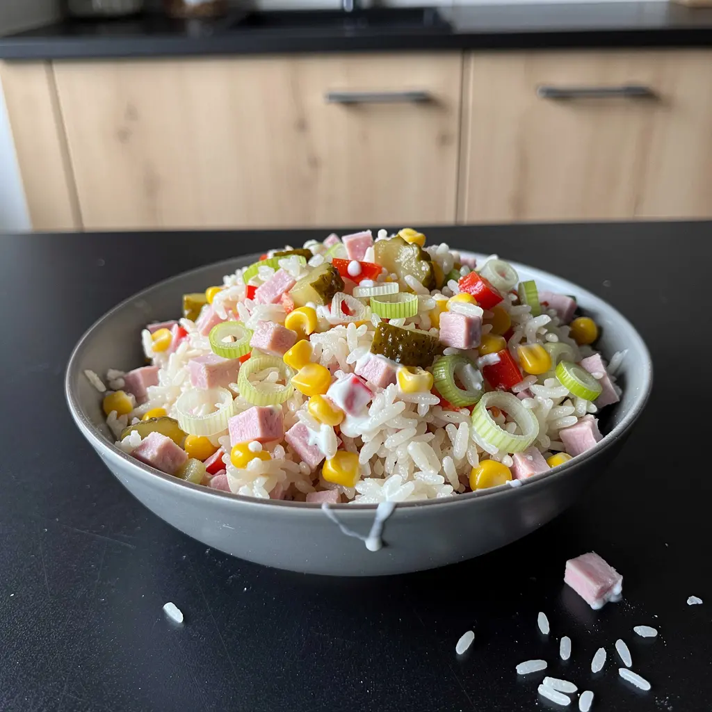 Niemiecka sałatka z ryżem, kukurydzą i szynką