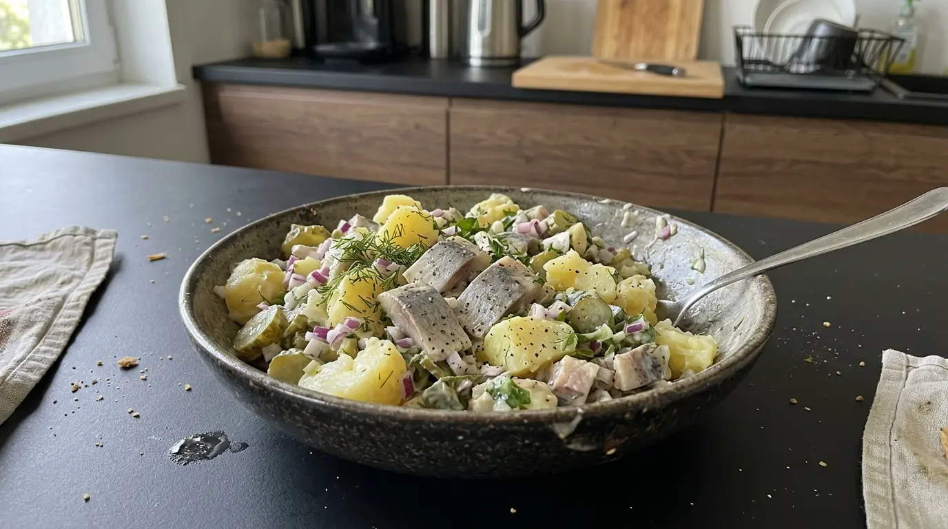Niemiecka sałatka z ziemniaków i śledzia na zimno