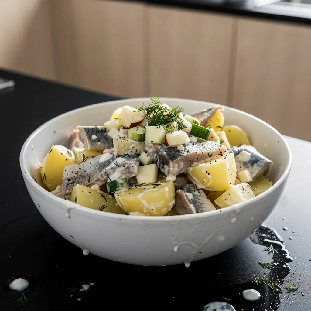 Salade allemande de pommes de terre et de hareng, servie froide