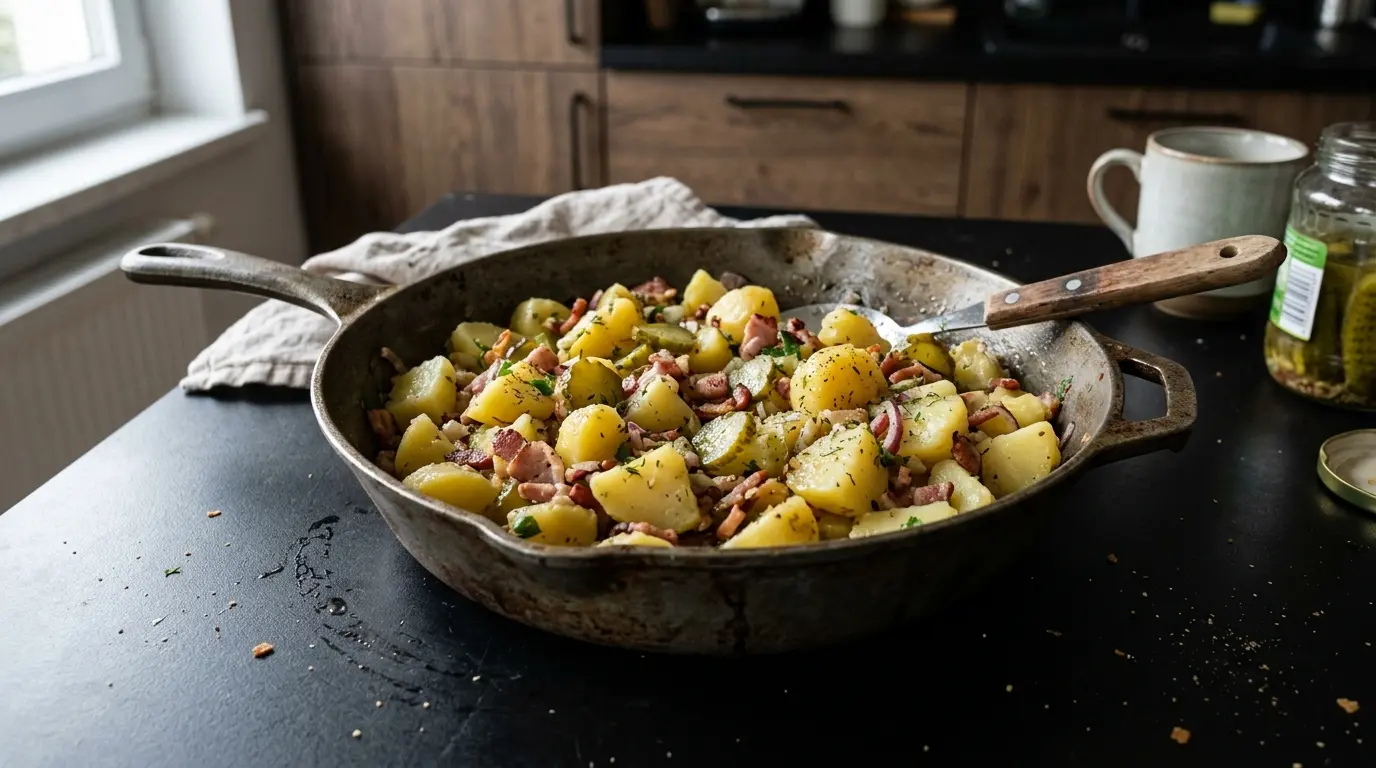 Salade de pommes de terre allemande avec lard et cornichons – Kartoffelsalat à la poêle