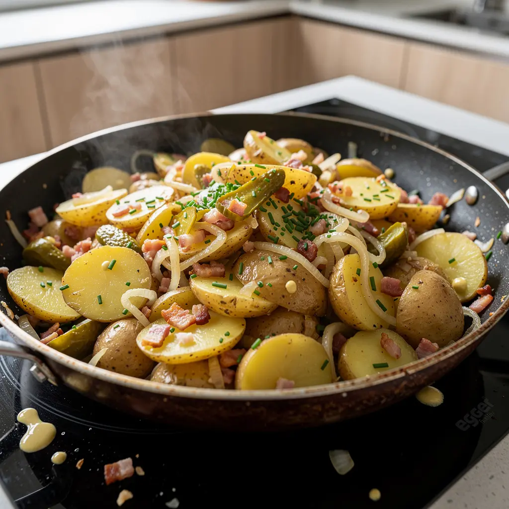 Deutscher Kartoffelsalat mit Speck und Gewürzgurken aus der Pfanne