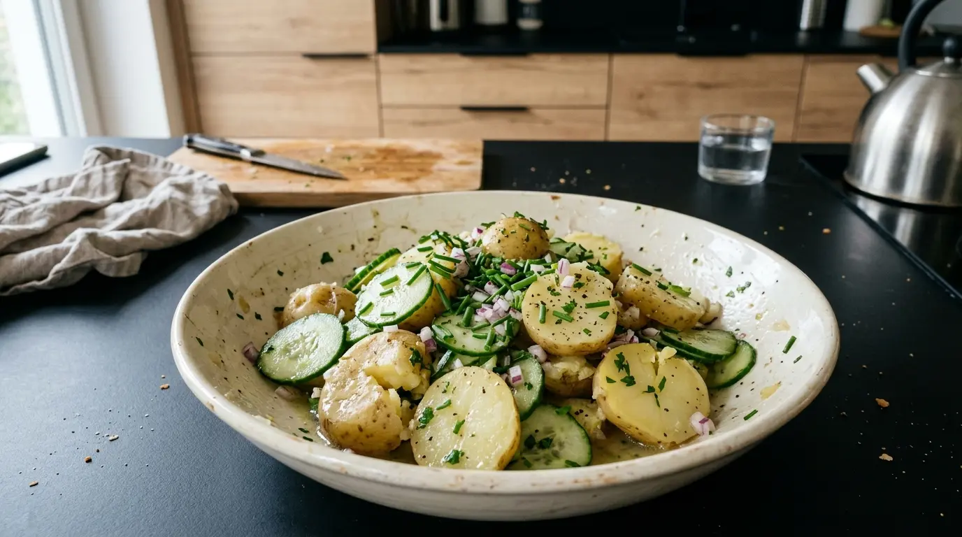 Salade de pommes de terre allemande légère avec concombre et ciboulette (Kartoffelsalat)