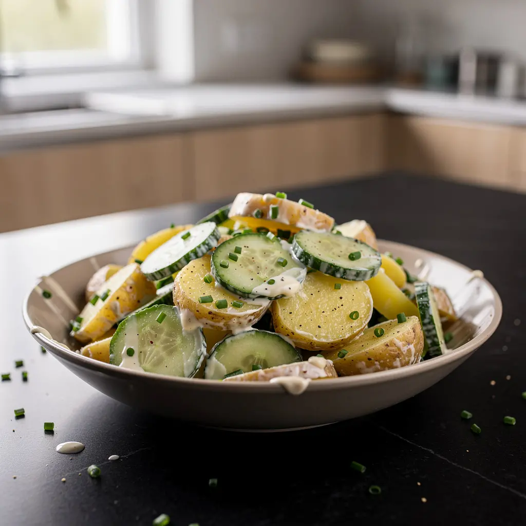 Leichter deutscher Kartoffelsalat mit Gurke und Schnittlauch