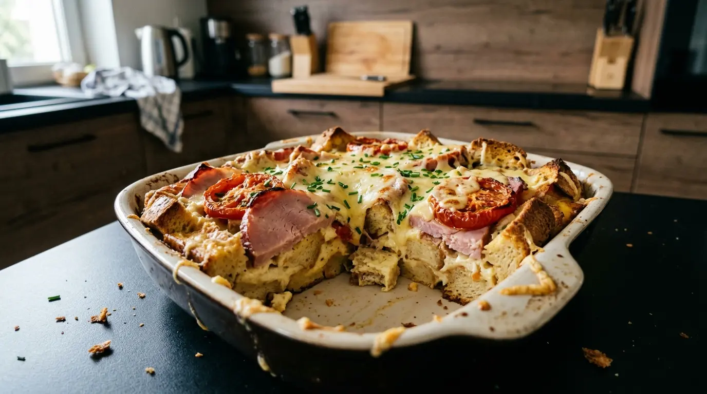 Niemiecka zapiekanka chlebowa z szynką i pomidorem