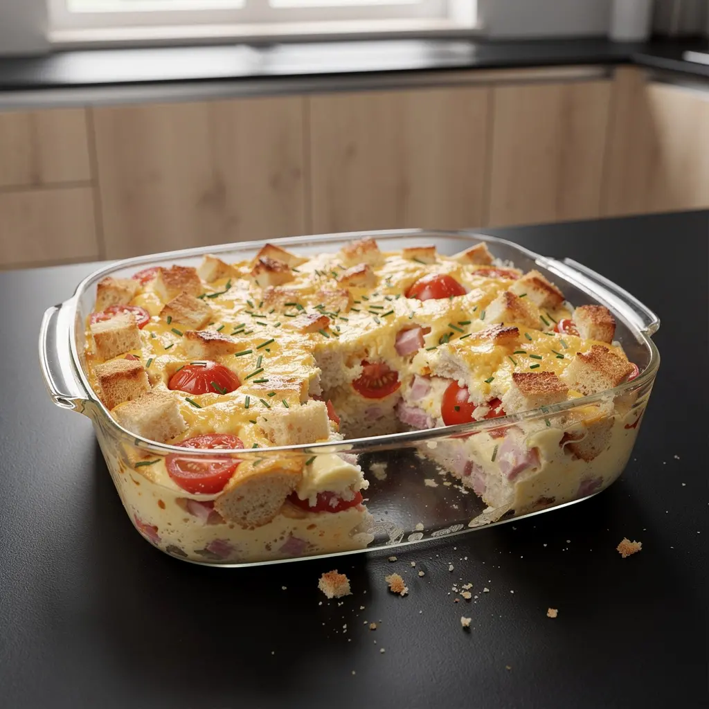 Niemiecka zapiekanka chlebowa z szynką i pomidorem