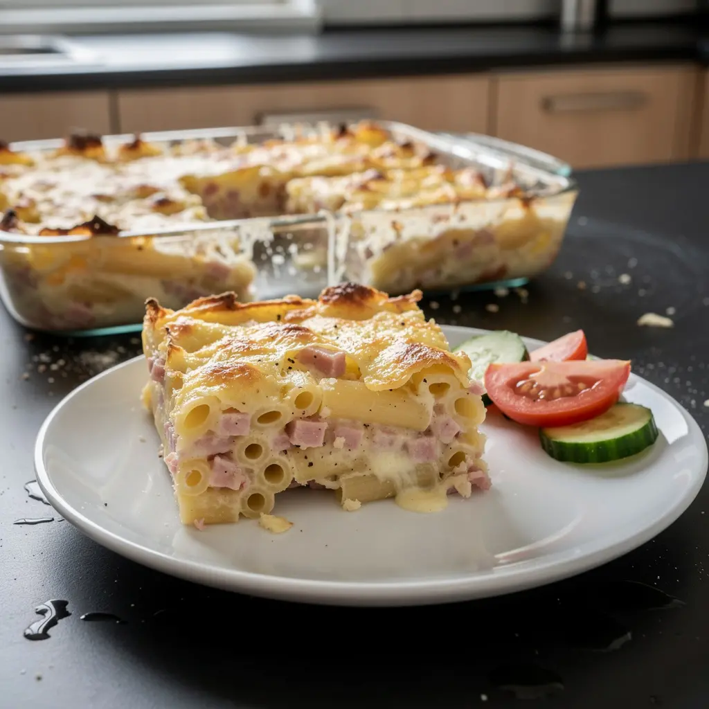 Pasticcio di pasta tedesco con prosciutto Nudelauflauf