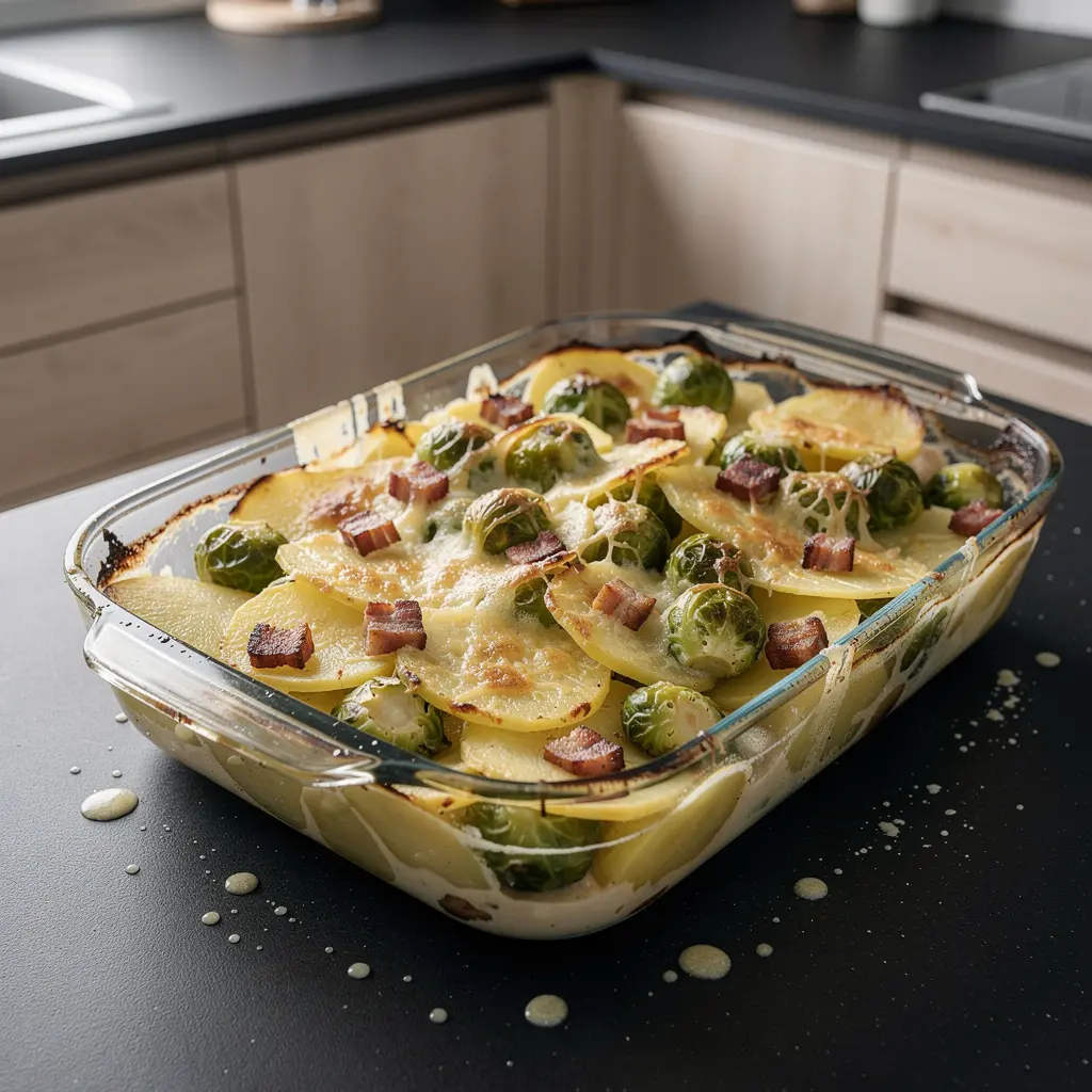 Gratin allemand aux choux de Bruxelles et au lard