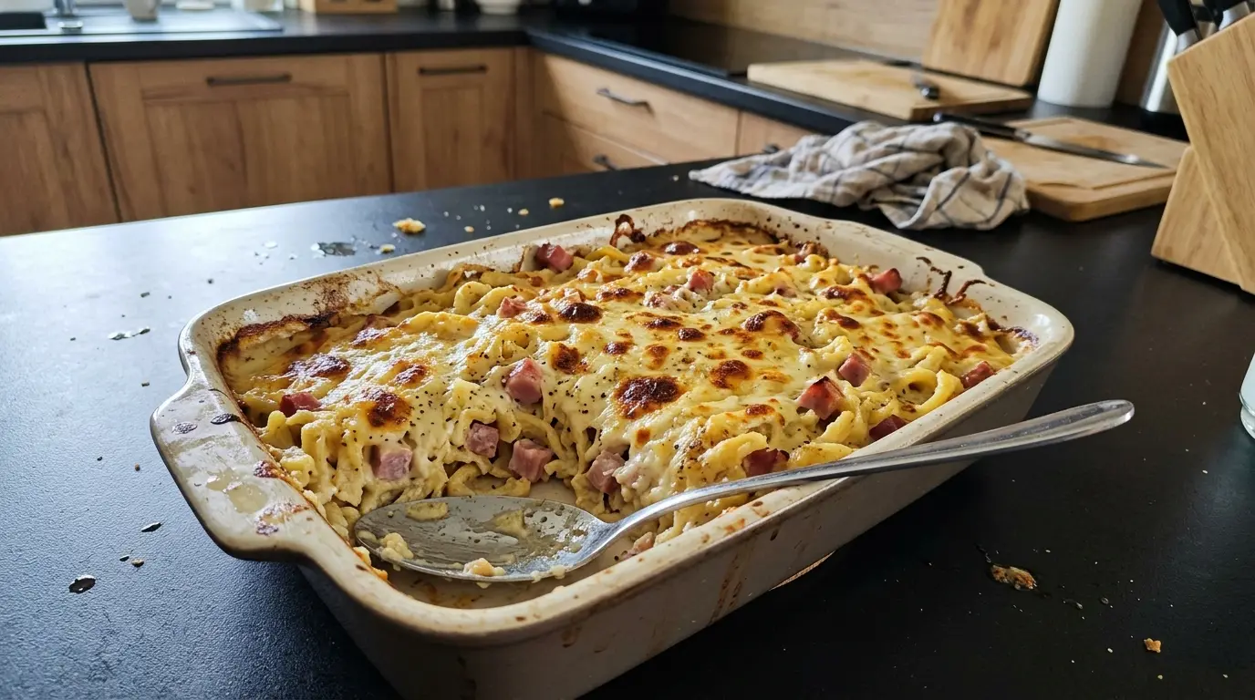 Niemiecka zapiekanka z kluskami i szynką Spätzle-Auflauf