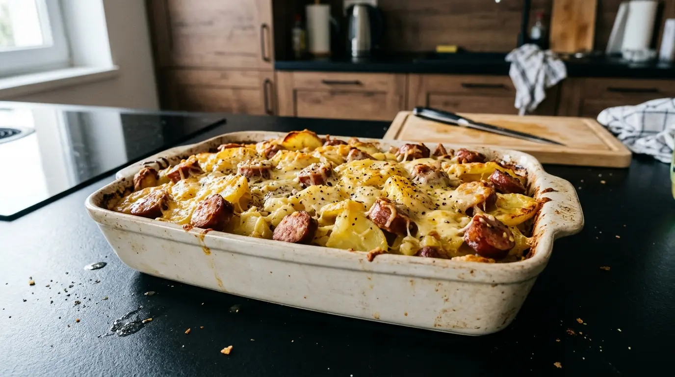 Niemiecka zapiekanka z ziemniaków i kiełbasy z serem