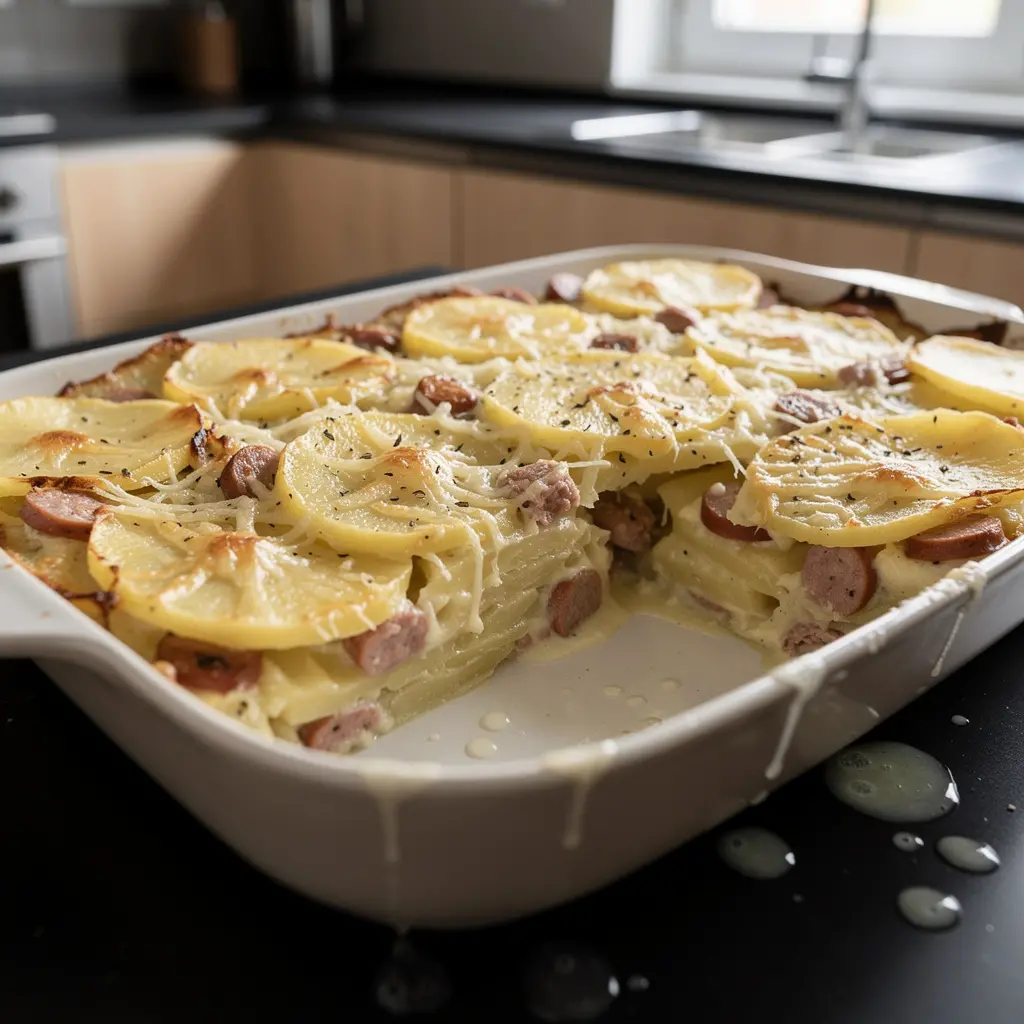 Gratin allemand de pommes de terre et de saucisse au fromage