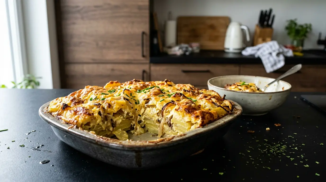 Niemiecka zapiekanka ziemniaczana z serem i cebulą