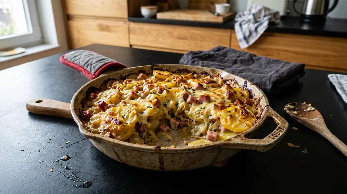 Niemiecka zapiekanka ziemniaczana z serem i szynką z patelni