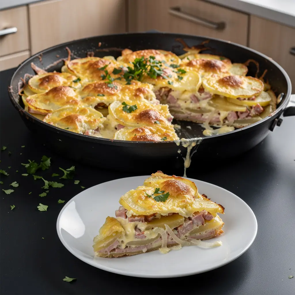 Pastel alemán de patatas con queso y jamón en sartén