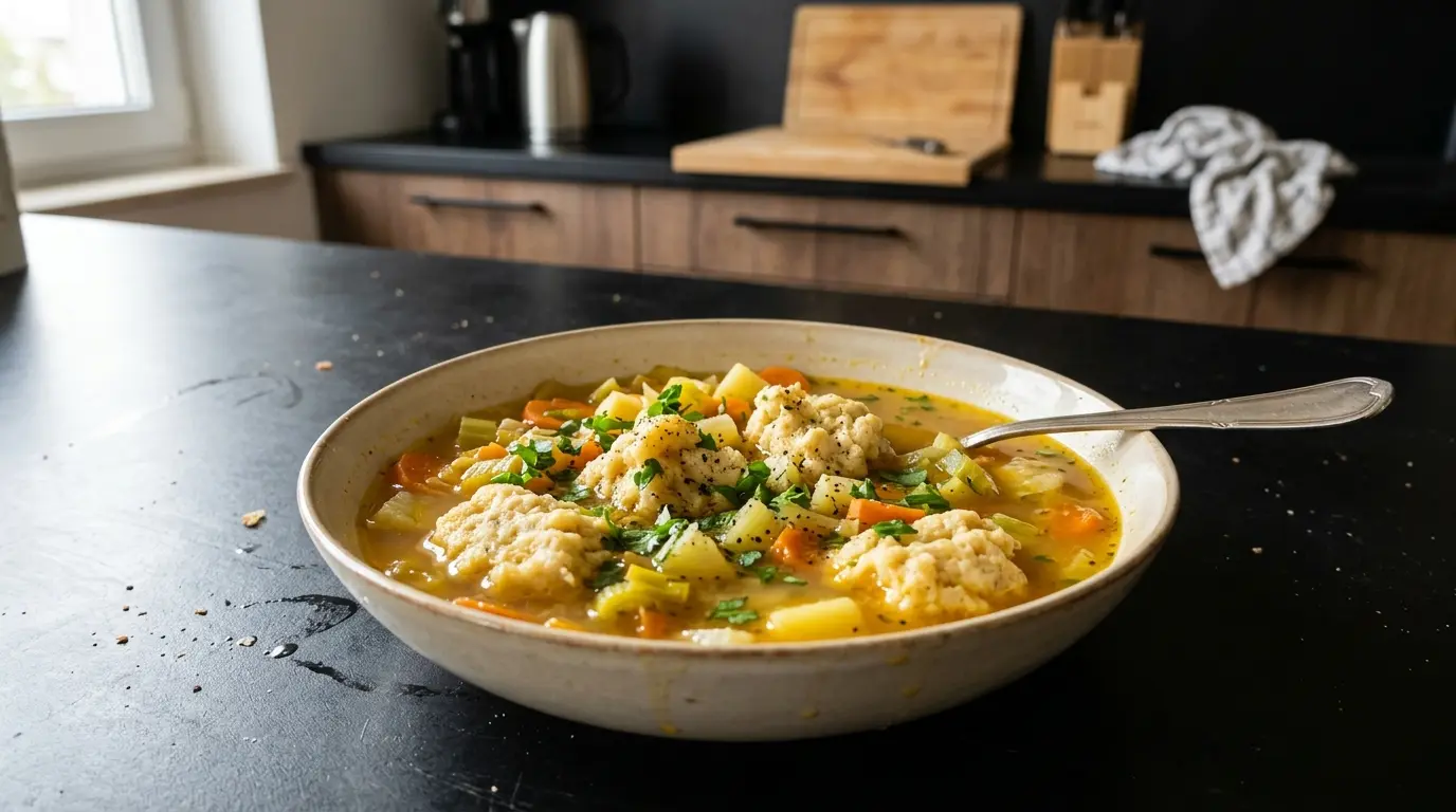 Niemiecka zupa jarzynowa z kluskami jajecznymi