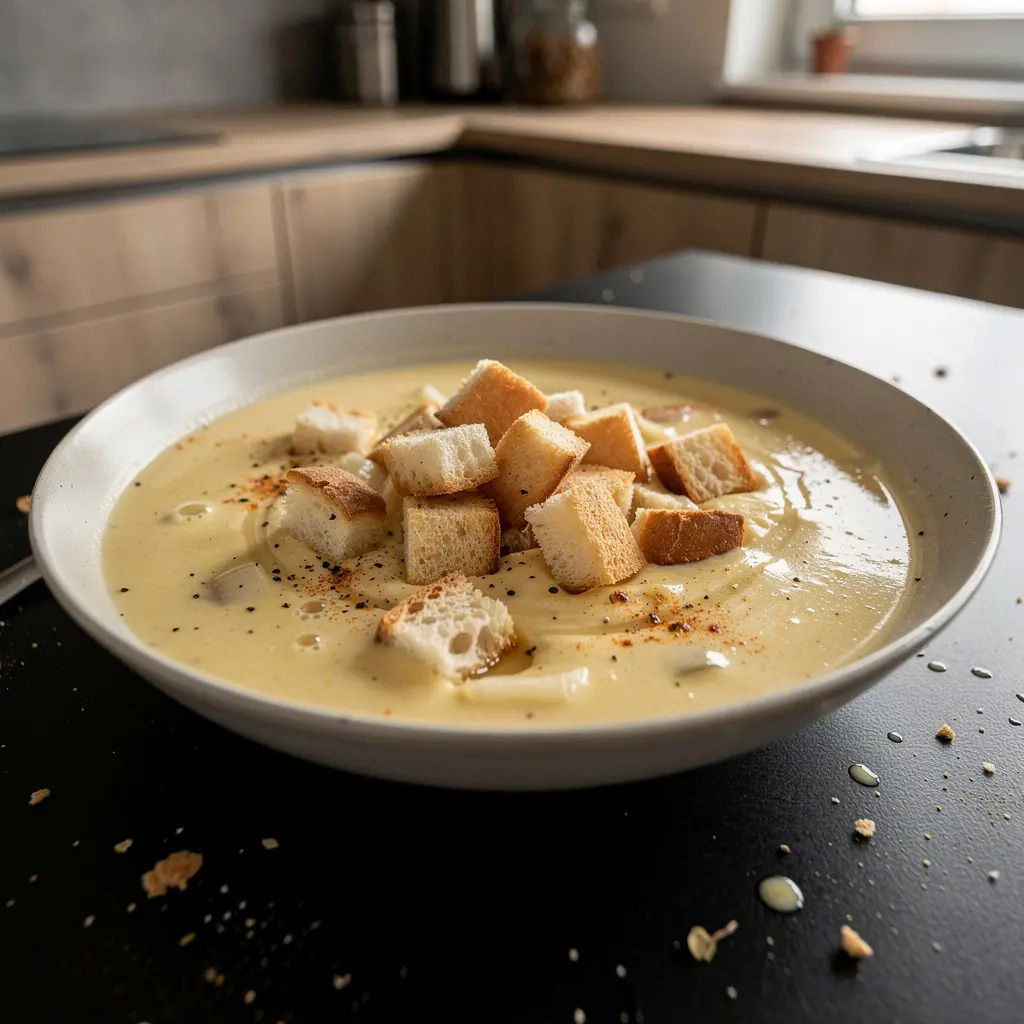 Sopa alemana de queso con cerveza y picatostes