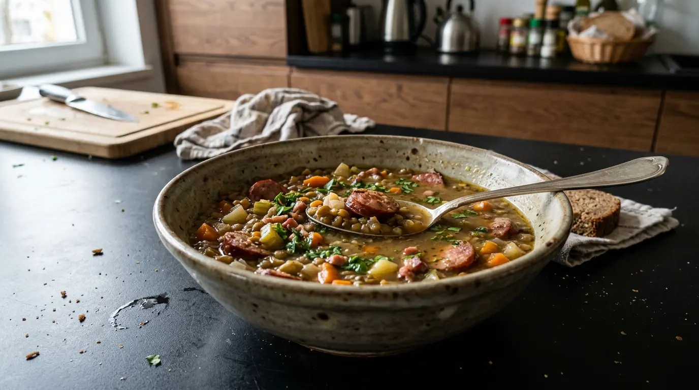 Niemiecka zupa soczewicowa z kiełbasą