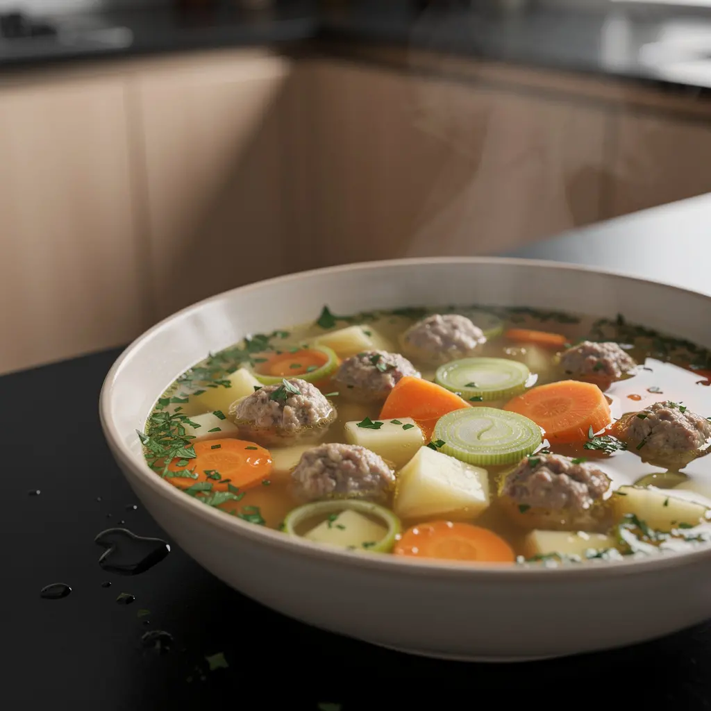 Zuppa tedesca con polpettine e verdure Gemüsesuppe mit Klößchen