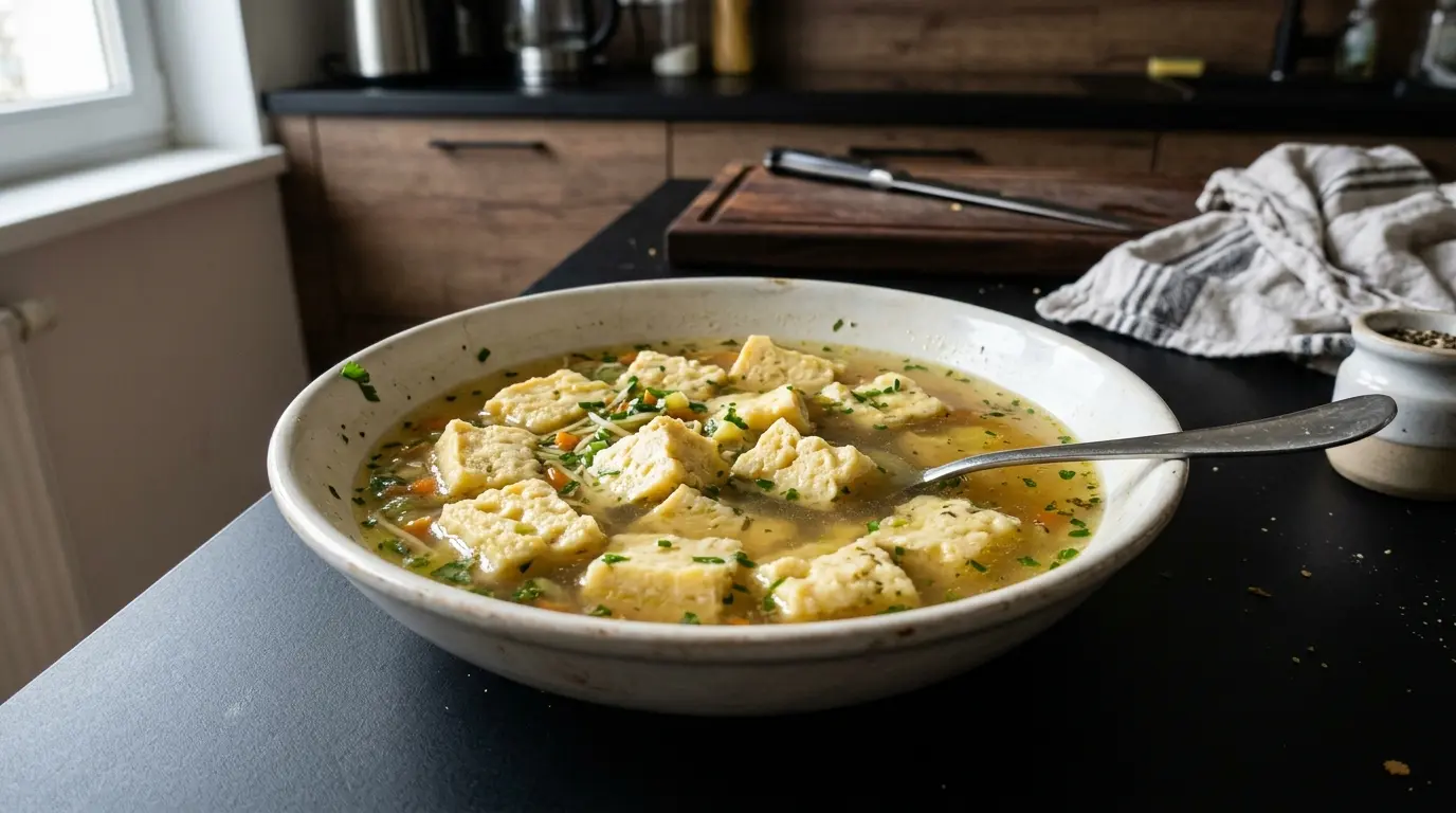 Niemiecka zupa z kluskami jajecznymi Eierstich w bulionie