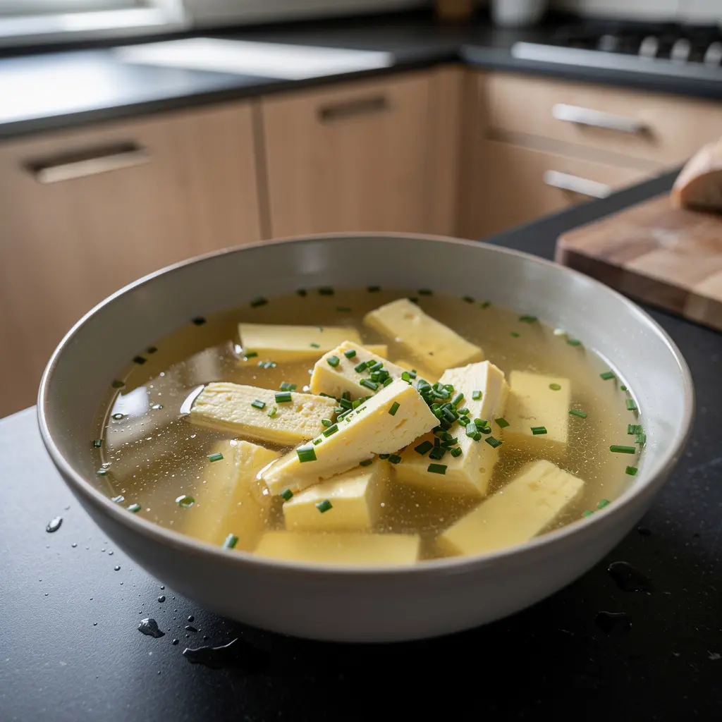 Niemiecka zupa z kluskami jajecznymi Eierstich w bulionie