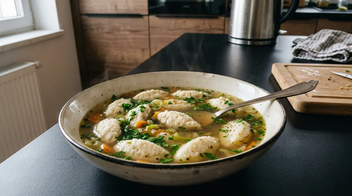 Niemiecka zupa z kluskami z kaszy manny Grießnockerlsuppe