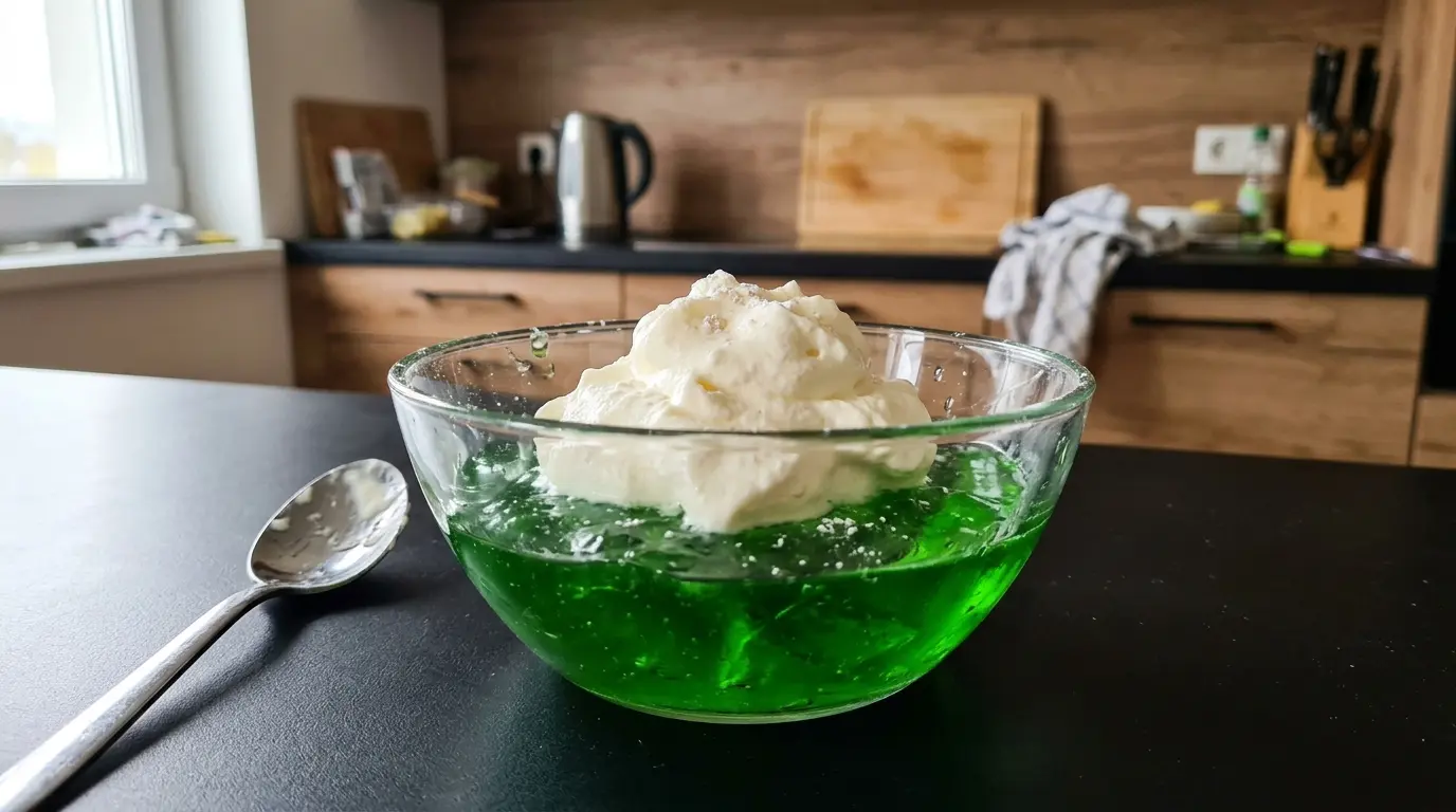 Niemiecki deser budyniowy Götterspeise z bitą śmietaną