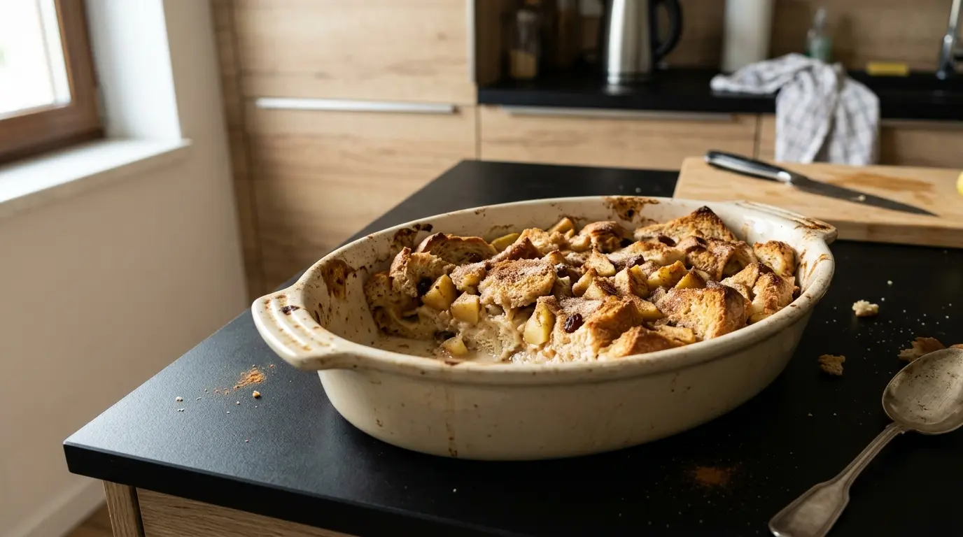 Niemiecki deser chlebowy z jabłkami i cynamonem Brot-Apfel-Dessert