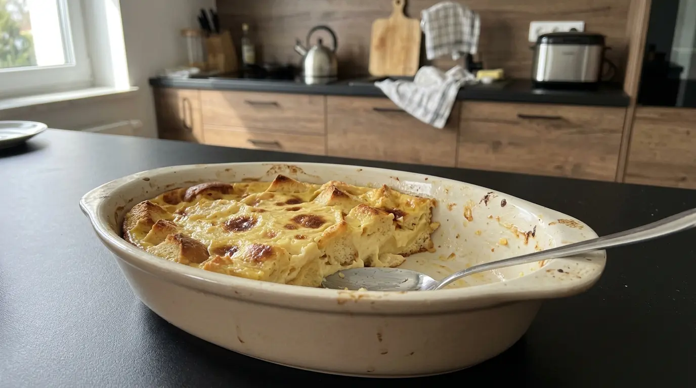 Niemiecki deser z bułki i wanilii Semmelauflauf na słodko