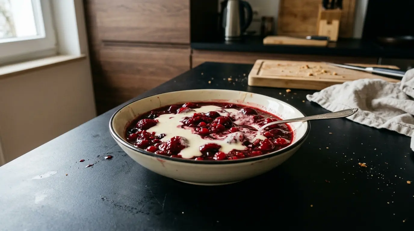 Niemiecki deser z czerwonym sosem owocowym Rote Grütze