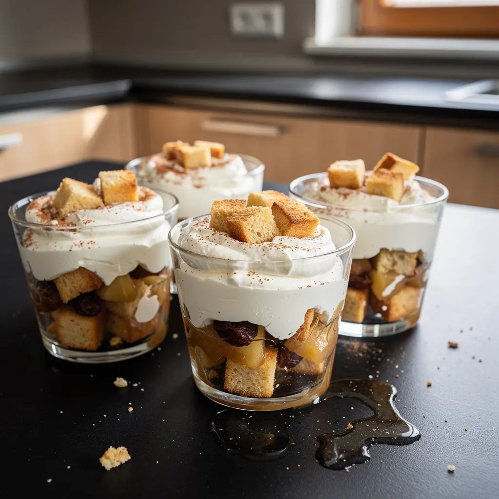 Niemiecki deser z jabłek i bułki Apfel-Brot-Schichtdessert