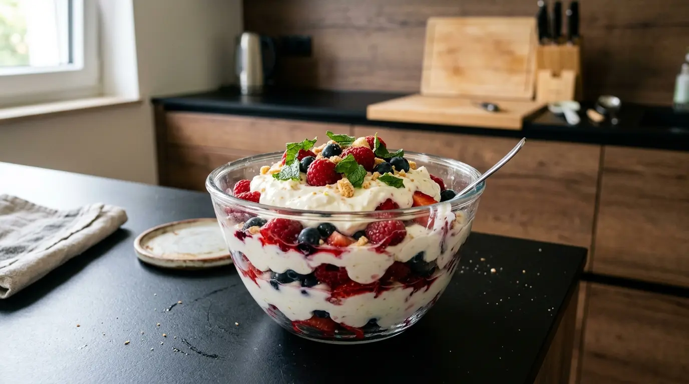 Niemiecki deser z jogurtu i owoców Sommerdessert