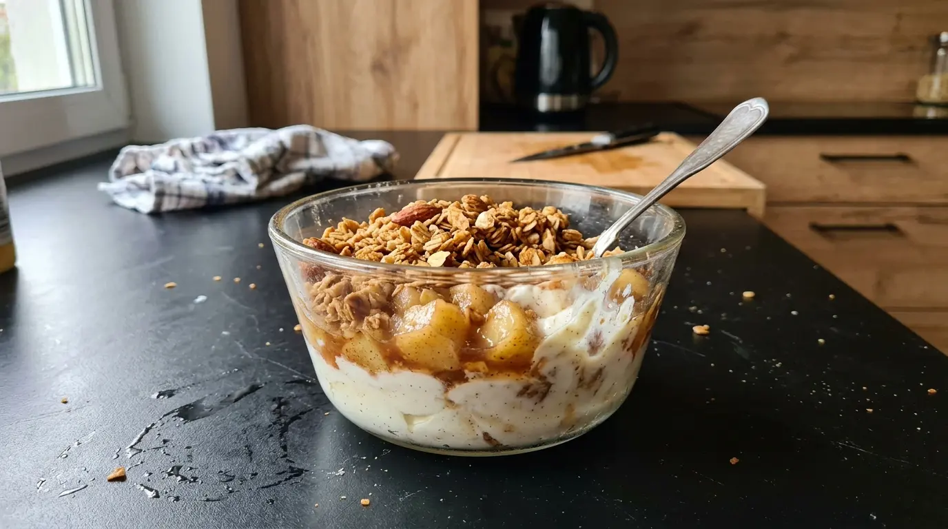 Niemiecki deser z jogurtu, jabłek i chrupiącej granoli
