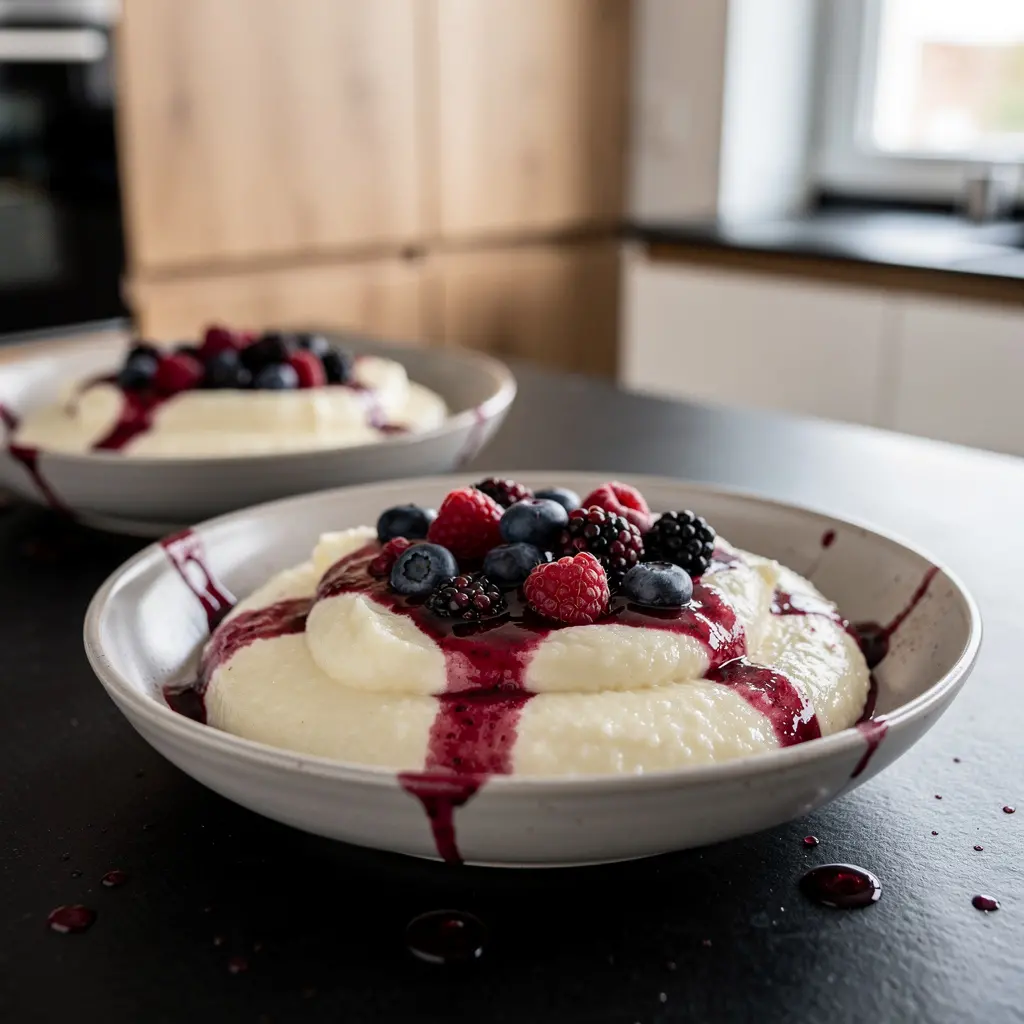 Dessert allemand de semoule de blé Grießbrei avec coulis de fruits