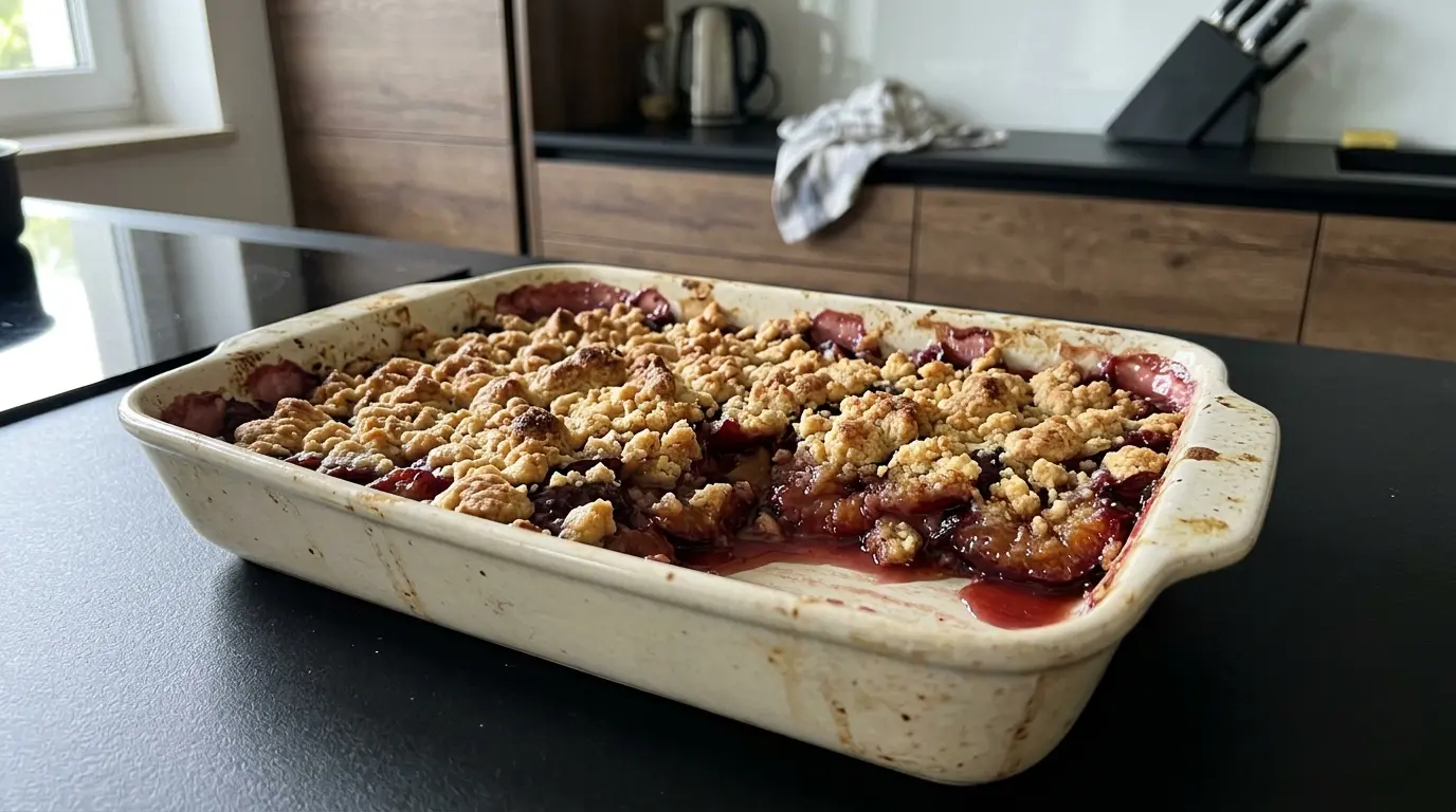 Niemiecki deser z pieczonych śliwek z kruszonką