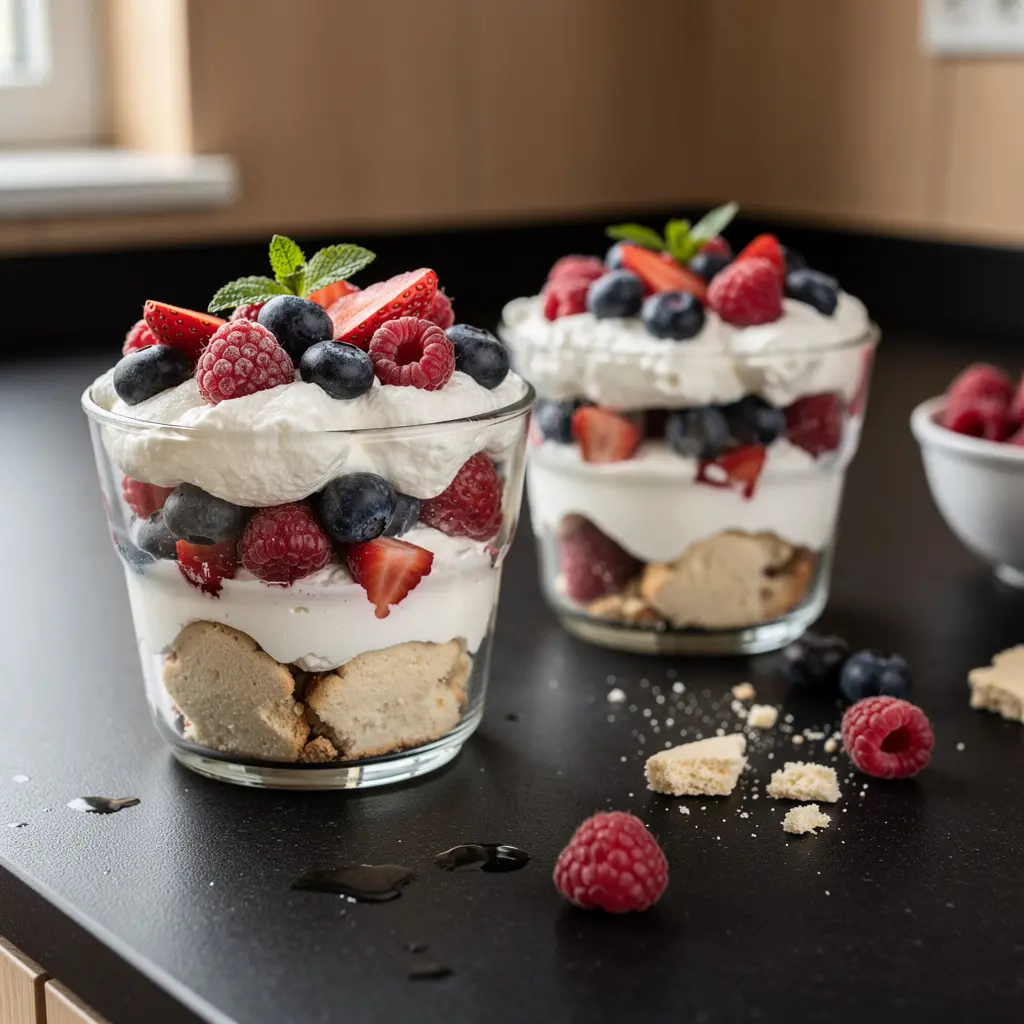 Dessert allemand au fromage blanc et biscuits avec fruits