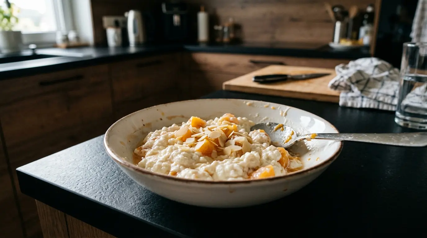 Niemiecki deser z twarogu i brzoskwiń Quark mit Pfirsichen