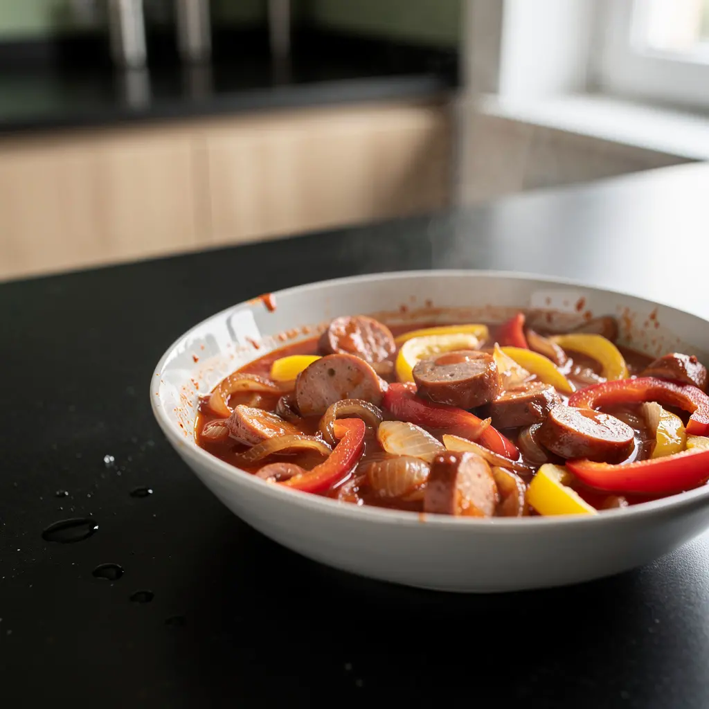 Gulasch tedesco con salsiccia e peperoni Wurstgulasch