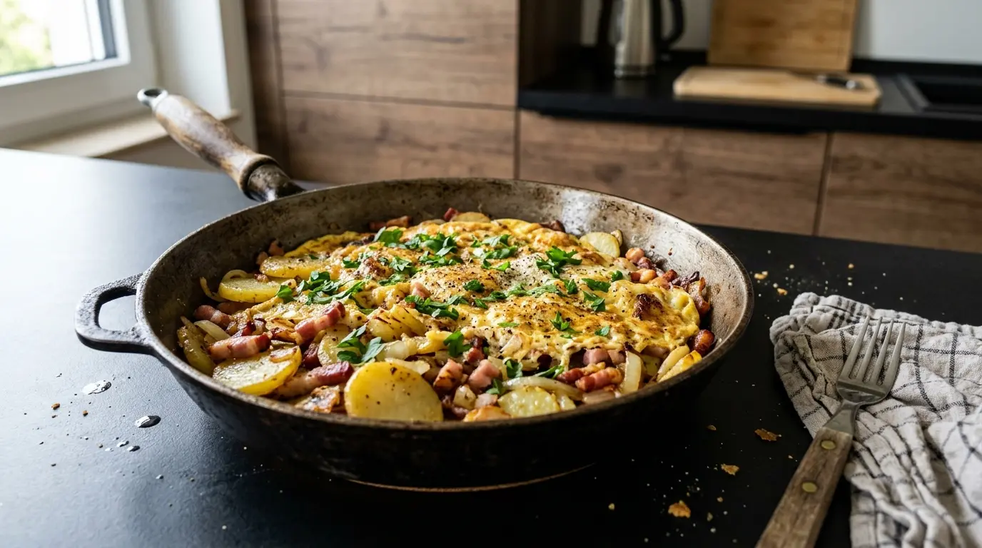 Niemiecki omlet z boczkiem i cebulą Bauernfrühstück