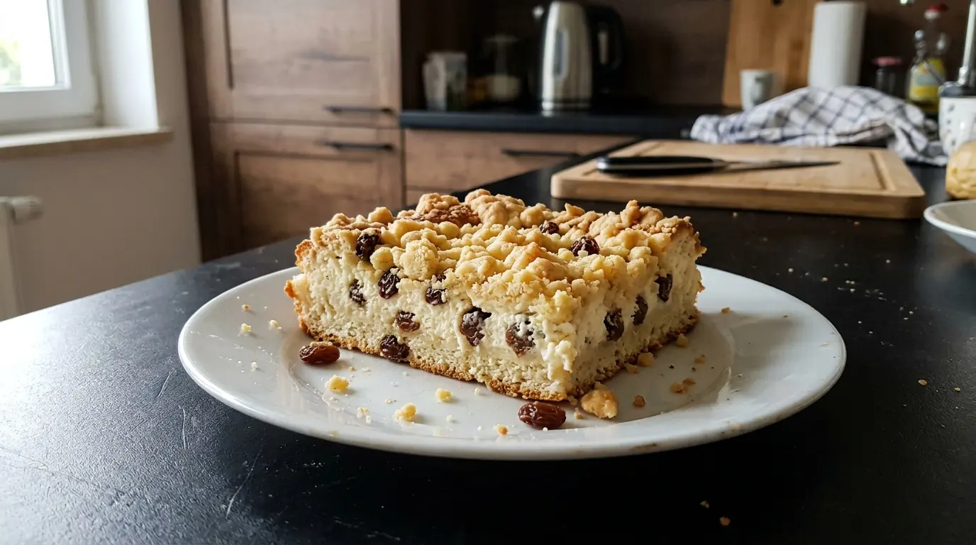 Niemiecki placek drożdżowy z serem i rodzynkami Quark-Streuselkuchen
