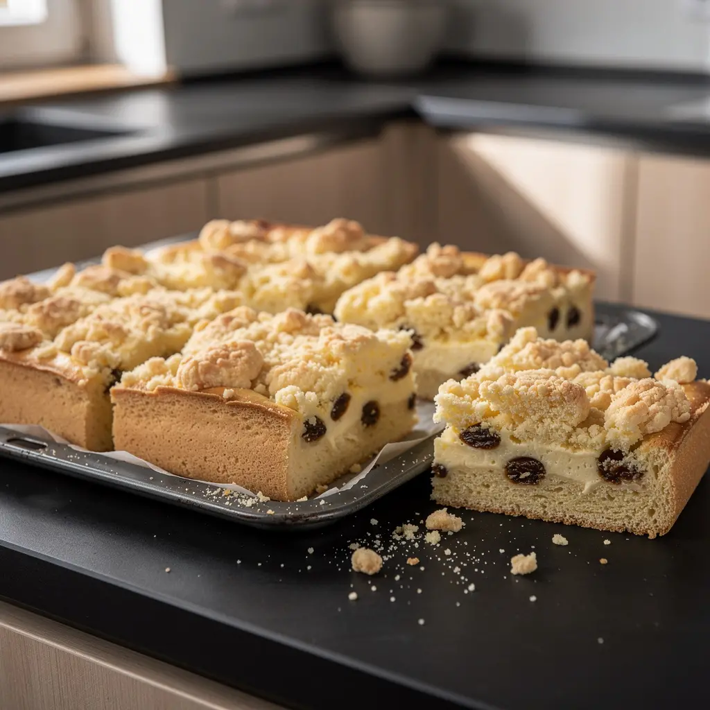 Torta lievitata tedesca con formaggio e uvetta Quark-Streuselkuchen