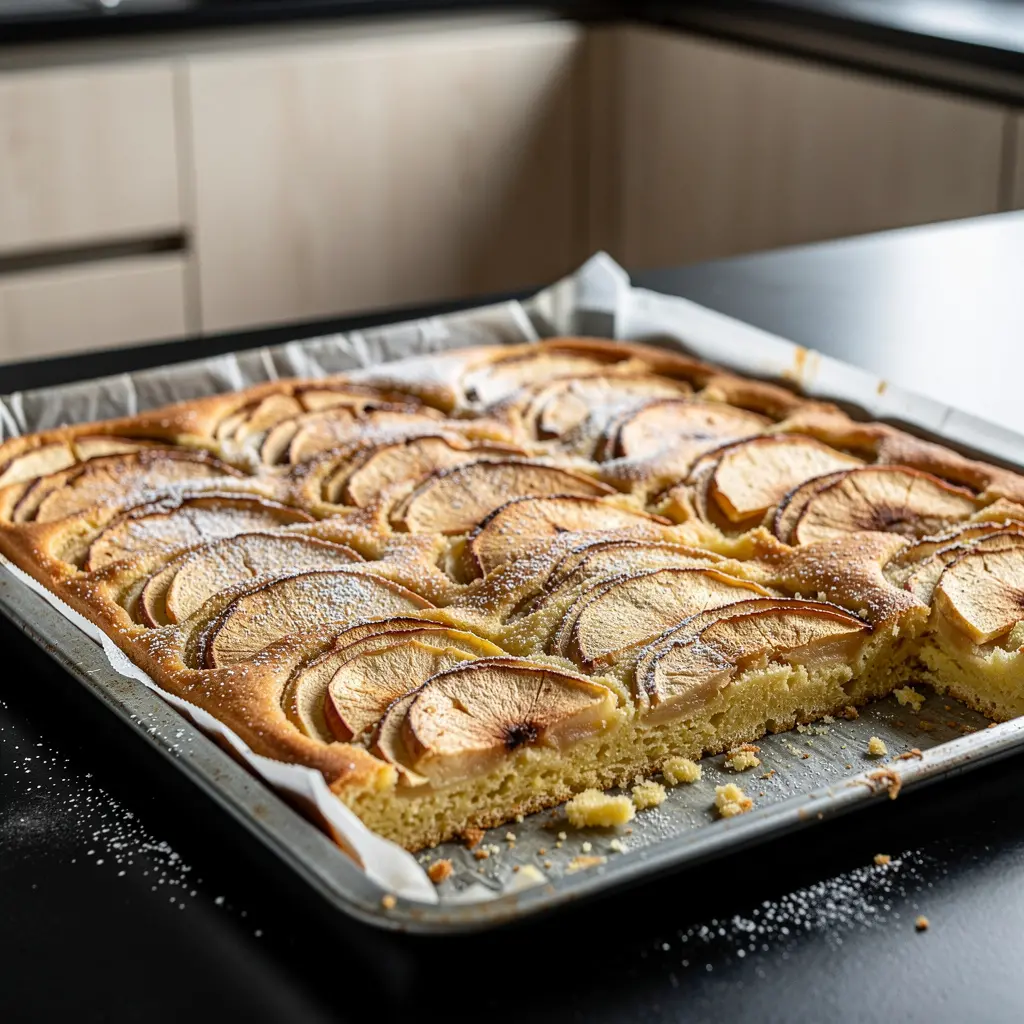 Gâteau allemand aux pommes Apfelkuchen sur plaque