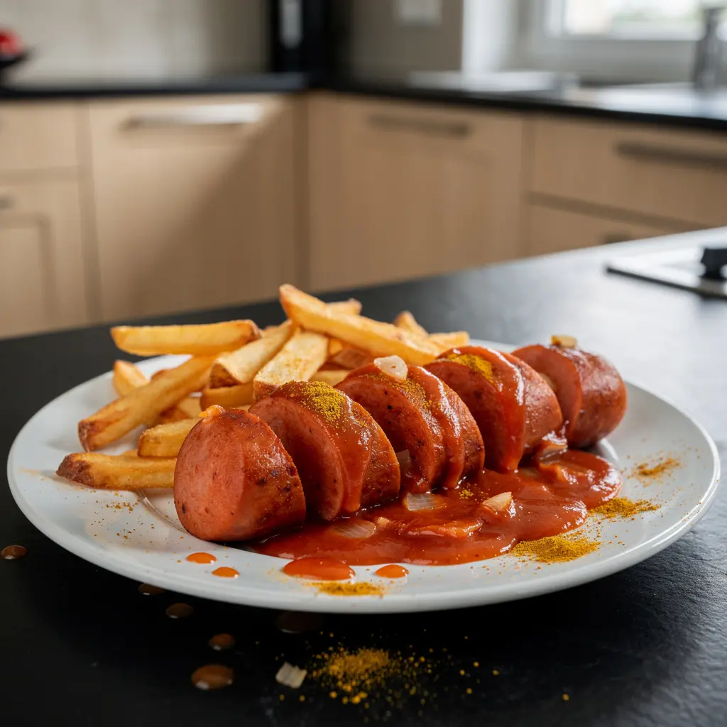 Niemieckie currywurst z sosem pomidorowo-curry