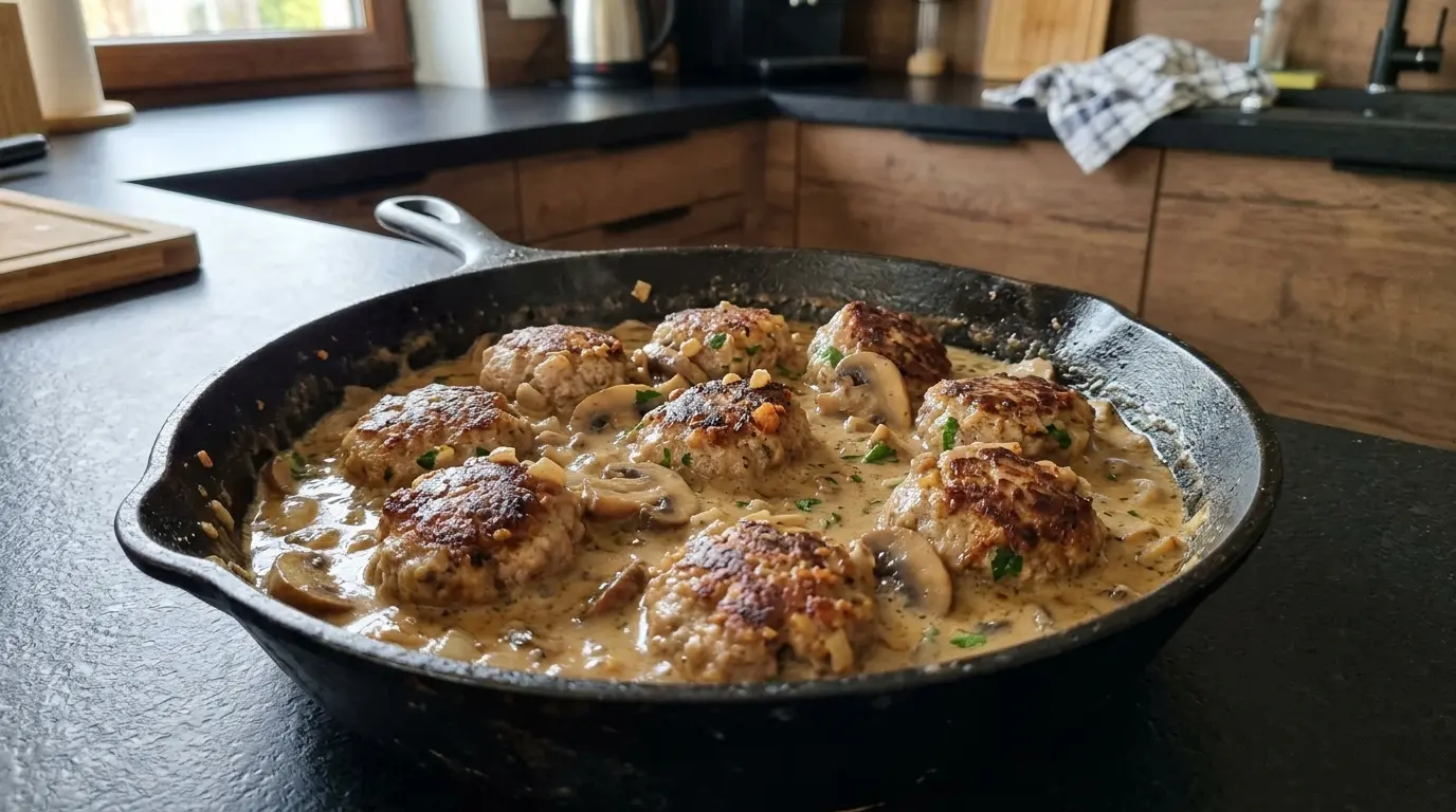 Niemieckie klopsiki w sosie pieczarkowym z patelni