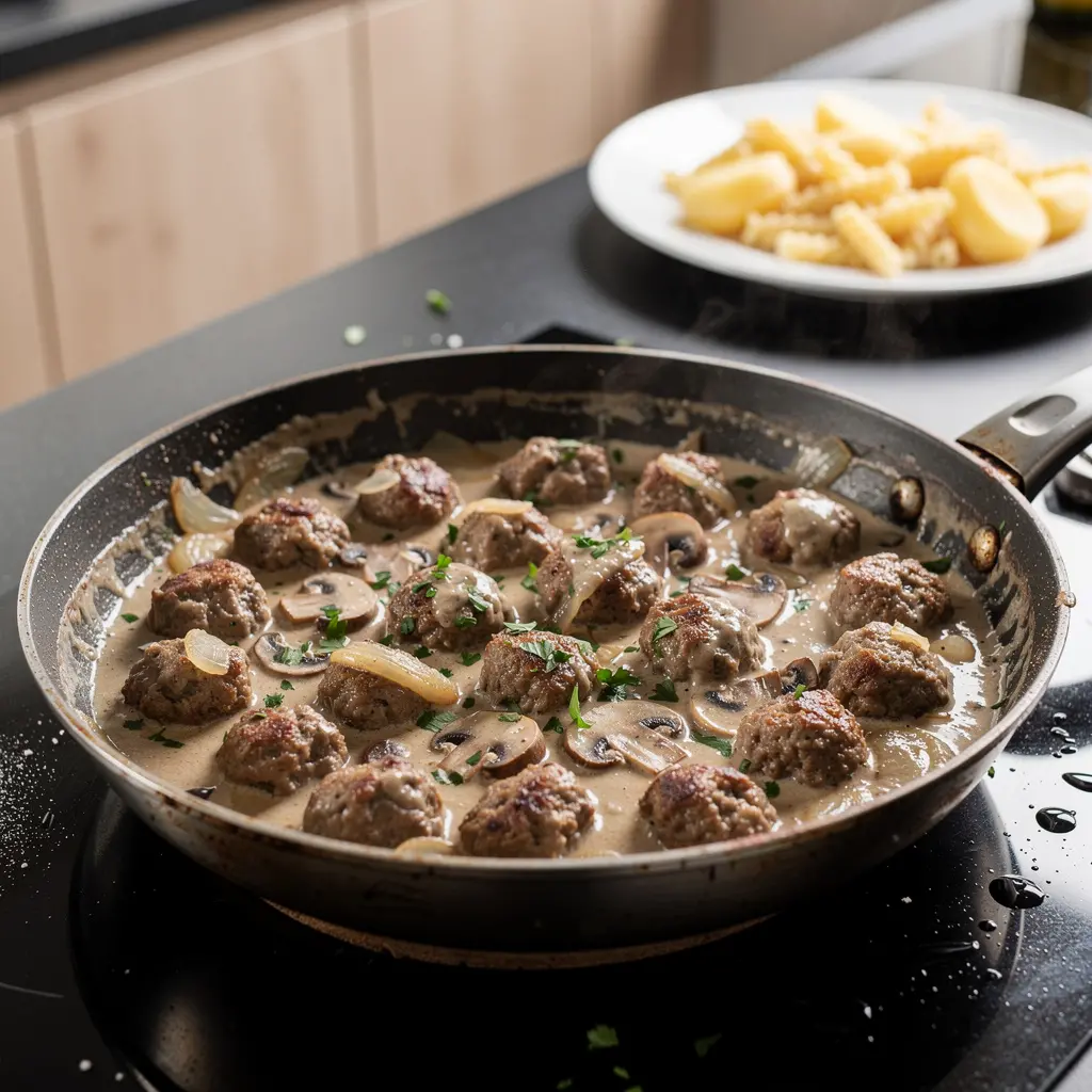 Polpette tedesche in salsa di funghi in padella