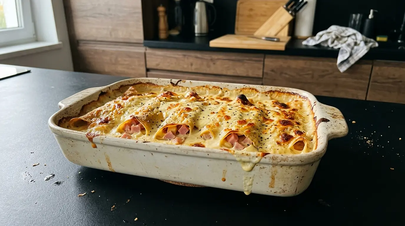 Crepes alemanes con jamón y queso al horno en salsa de nata