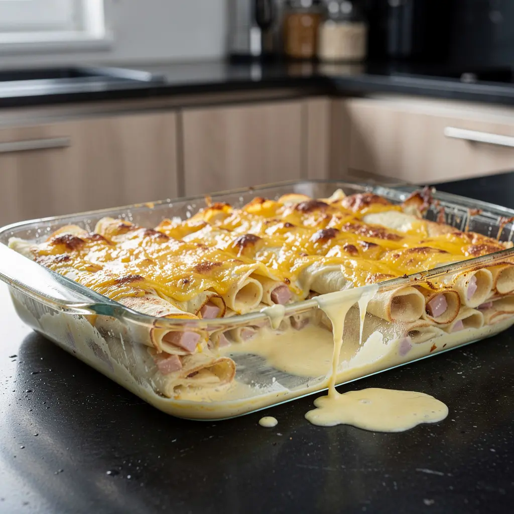 Crêpes allemandes au jambon et au fromage gratinées dans une sauce à la crème